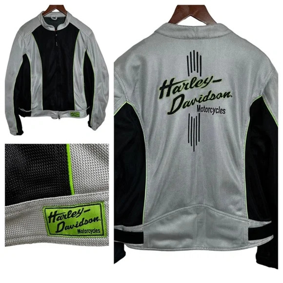 Harley-Davidson Motorcycle Jacket Womens Size XL Black Gray Green Piping Biker